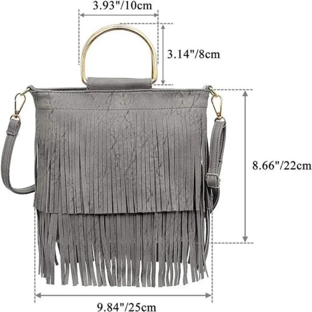Gray Fringe Tassel‎ Fringe Crossbody Bag Leather Shoulder Bag Hobo Handbag Purse